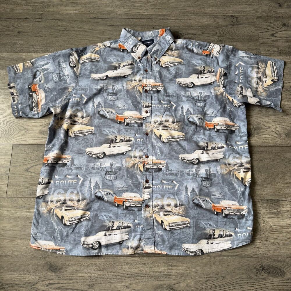 Harbor Bay Mens 2XL Route 66 Classic Car Print Short Sleeve‎ Button Down Shirt